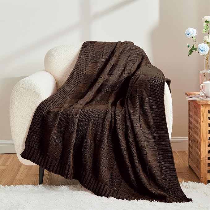 CozeCube Dark Brown Knitted Checkered Throw Blanket 50"X60" | Check Knit Throw for Couch, Decorative Christmas Soft Cozy Warm Blanket for Bed Sofa Living Room