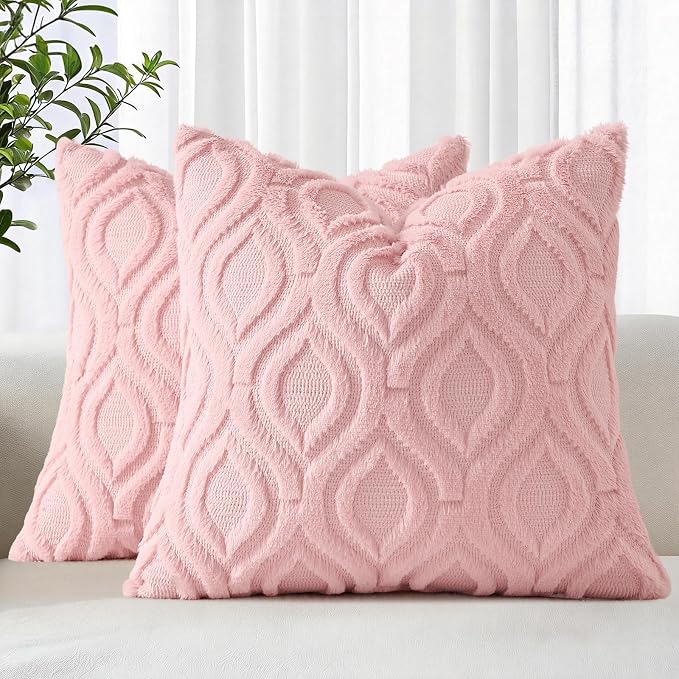 decorUhome Faux Fur Plush Soft Pink Throw Pillow Covers 24x24 Set of 2 | Plush Solid Fall Couch Pillow Covers, Accent Modern Farmhouse Neutral Decorative Square Pillow Cases for Sofa Bed Living Room