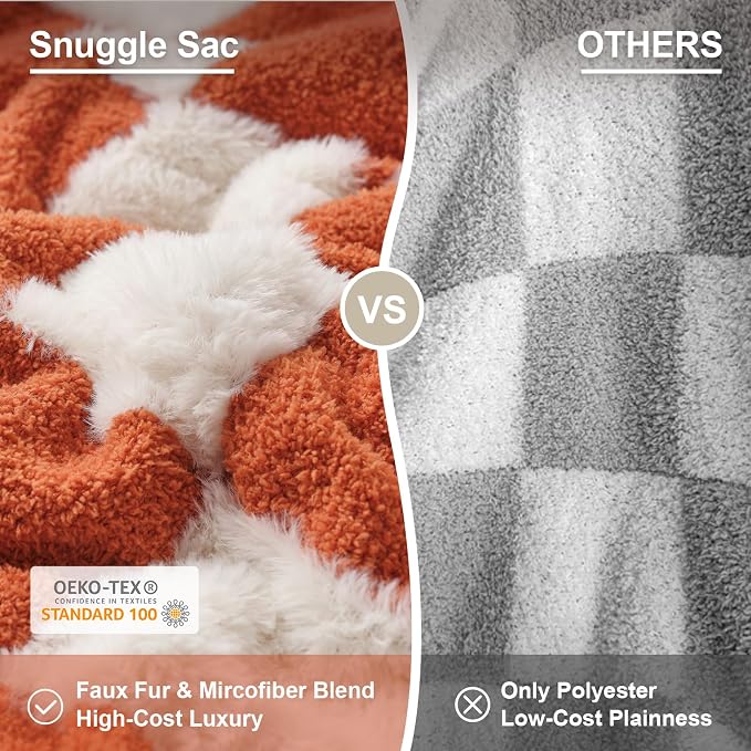 Snuggle Sac Orange Throw Blanket for Fall,Soft Twin Size Fall Checkered Blanket for Couch, Cozy Faux Fur Knit Microfiber Blankets for Sofa, Bed, Orange Checker,60x80 inches