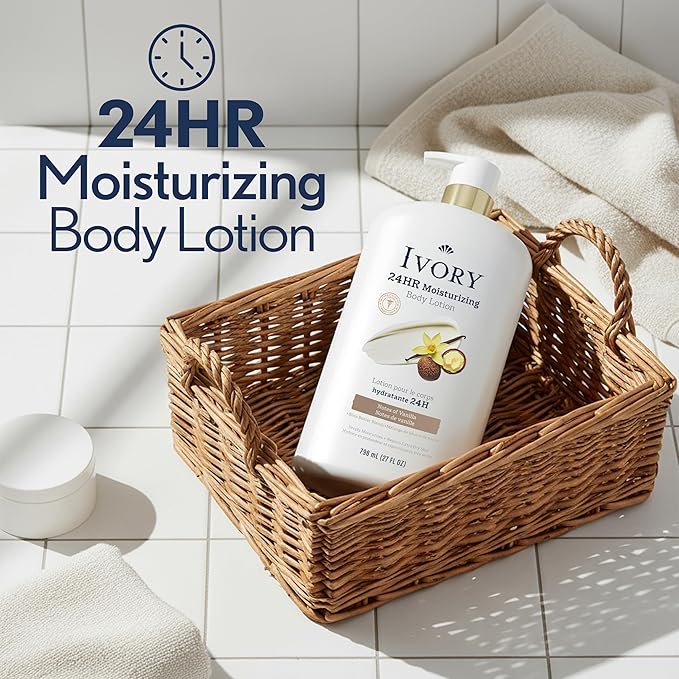 Ivory Hand & Body Lotion, 24hr Moisturizing, Repairs Extra Dry Skin, All Day Hydration, Lightweight Formula, Absorbs Instantly, Perfect for Daily Use, Shea Butter Blend, Vanilla Scent, 27 fl oz