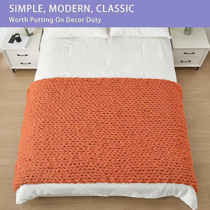 Bigacogo Chunky Knit Throw Blanket for Couch, 40x80 inches, Terracotta | Hand Knit with Jumbo Chenille, Soft Breathable Cable Knit for Sofa Bed Living Room, Machine Washable, Gift for Mom Friend