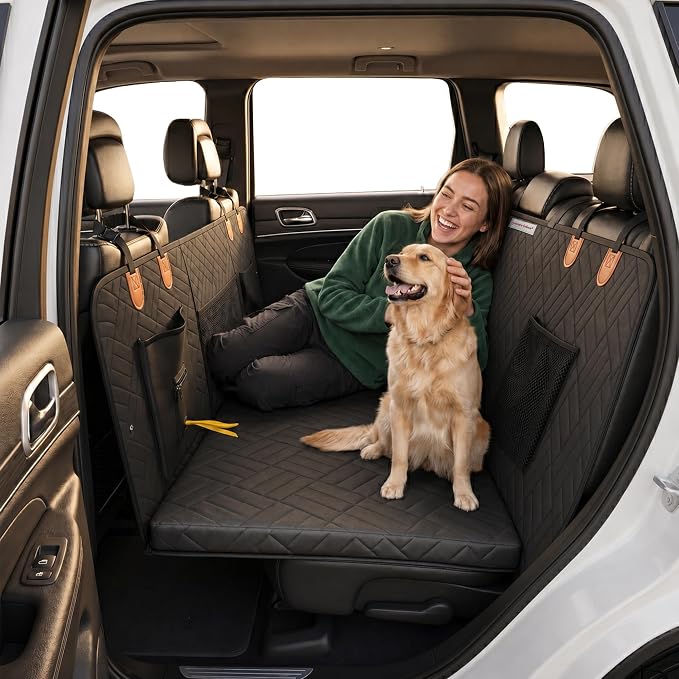 Dog Back Seat Extender - Premium Hard Bottom with Thick Foam, Waterproof Heavy Duty Pet Hammock for Cars, Trucks & SUVs. No-Sag Bridge, Mesh Window & Bonus Accessories (Black)