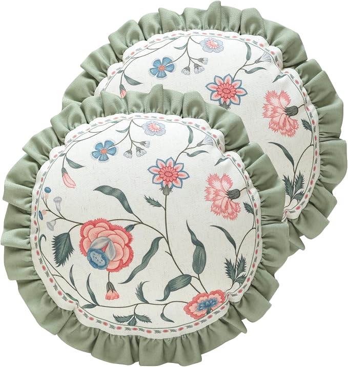 Designer Linen Throw Pillow Cover,Set of 2,Diameter 16"-Daffy A | Vintage French Elegant Round Pillow Cover,Concealed Zipper Design,Floral Pattern,Sofa,Bedroom,Living Room,Lounge Chairs
