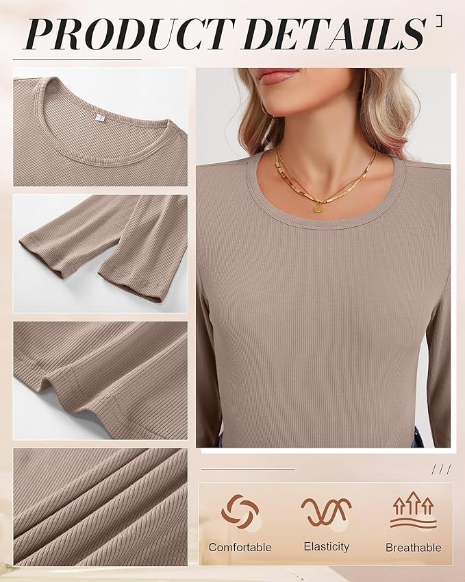 Ficerd 3 Pack Women's Ribbed Long Sleeve Tops, Crew Neck Slim Fit Undershirts Knit Basic Casual Stretch Layering Tee Shirts