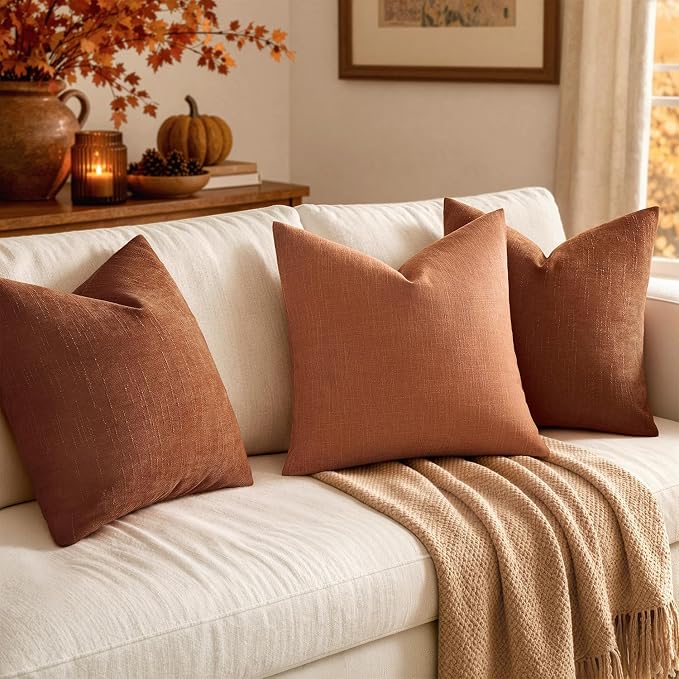 MIULEE Pack of 2 Decorative Linen Burlap Textured Pillow Covers Fall Farmhouse Boho Accent Pillowcases for Sofa Car Couch Bedroom Living Room Decor 20x20 Inch Rust