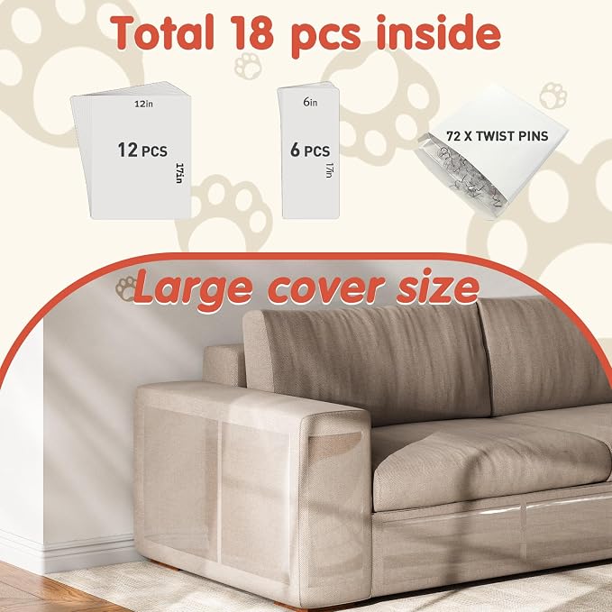 Secopad 18 PCS Cat Scratch Furniture Protector, Couch Protector, 17IN | Transparent, Single-Sided, Self Adhesive, Large Size, Easy to Use and Remove, Anti Pet Deterrent, Sofa Cover from Cat Claws