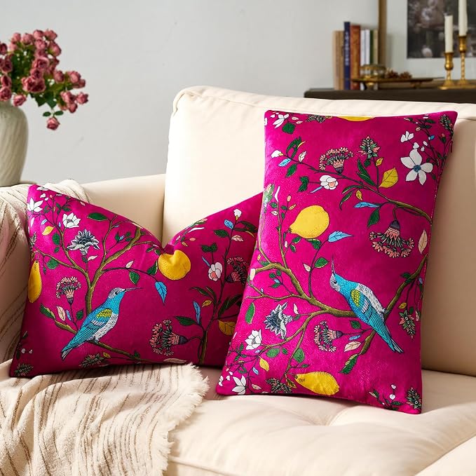 Hot Pink Velvet Floral Decorative 12x20 Lumbar Pillow Covers Set of 2 | Durable and Sturdy,Botanical Printed Pattern,Throw Pillows Case,Rectangle,Colorful Farmhouse,Home Sofa Bed Couch Decor
