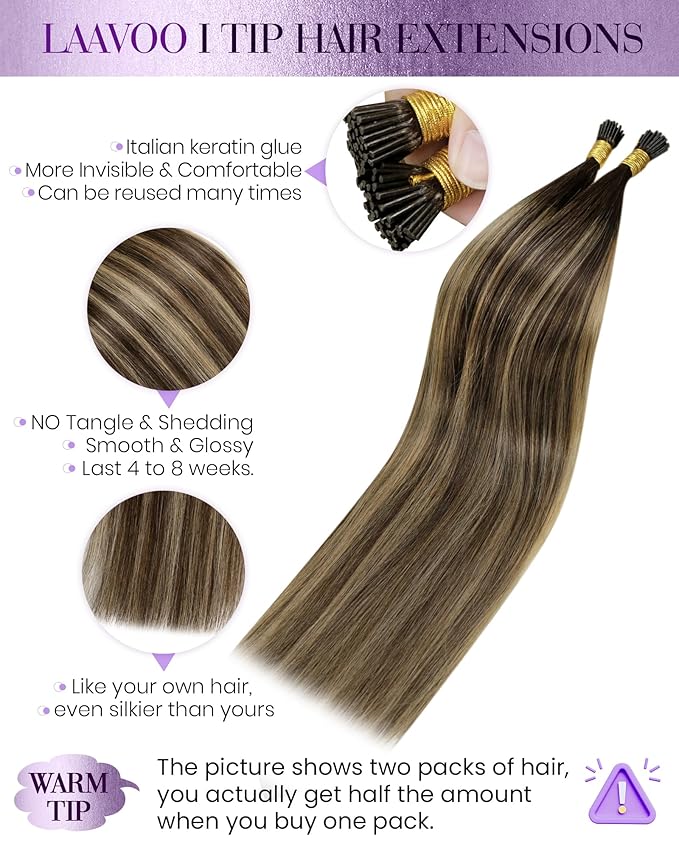 LaaVoo I Tips Hair Extensions Real Human Hair Balayage Dark Brown to Caramel Brown Itip Hair Extension Long Straight I Tip Extensions Human Hair 24" 50g