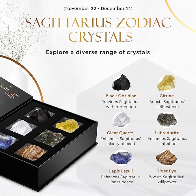 Wyspell Sagittarius Crystal Set - 6 Raw Sagittarius Crystals and Healing Stones - Sagittarius Gifts for Women - Birthday Gifts for Women - Astrology Gifts for Women - Zodiac Crystal Set - Healing Gift