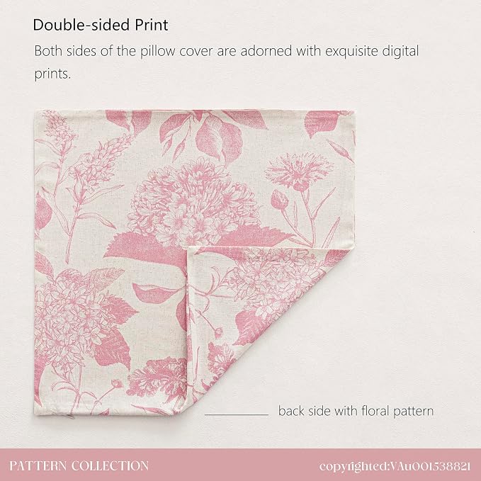 Foindtower Set of 2 Linen Floral Throw Pillow Covers Neutral Vintage Print Decorative Cozy Cushion Covers Farmhouse Boho Home Decor for Sofa Chair Couch Bedroom Living Room,24×24 Inch,Light Pink