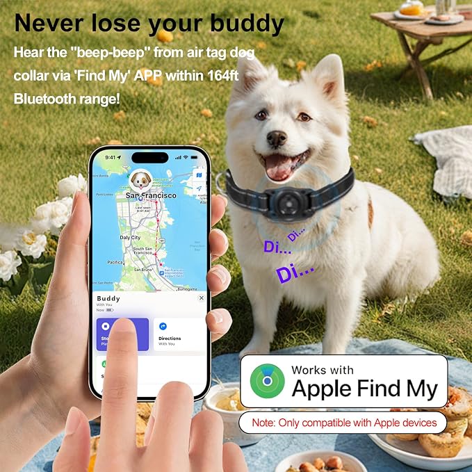 Air Tags Dog Collar, Waterproof Pet Collar with Air-Tag Chip for Apple Find My (iOS only) (Black, M)