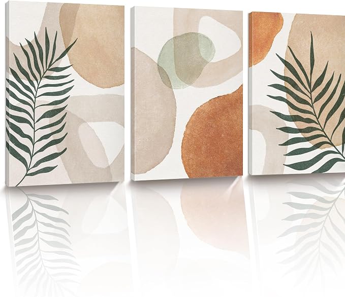 HesenDot Abstract Botanical Wall Art Set of 3, 40x60CM Neutral Plant Framed Canvas Prints, Beige Green Boho Aesthetic Wall Decor for Living Room Bedroom Bathroom Office Home