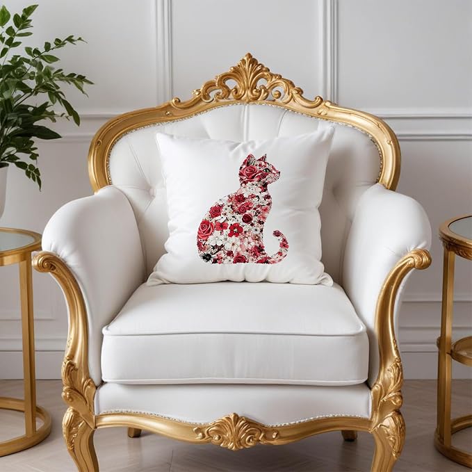 Red and White Floral Cat Pillow Covers 18x18, Gifts for Cat Lovers Mom Lady Owners, Elegant Kitten Kitty Decorative Pillow Covers for Home Bedroom Living Room Decor, Pet Lover Gifts