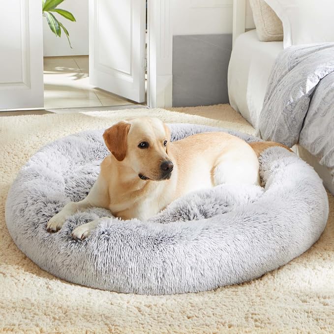 Western Home Calming Donut Large Dog Bed Pet Bed,36" Light Grey | Fluffy Faux Fur Round Cuddler,Anti-Anxiety,Anti-Slip Bottom,Plush Round Pet Dog Beds for Large Sized Dogs,Up to 80 LBS