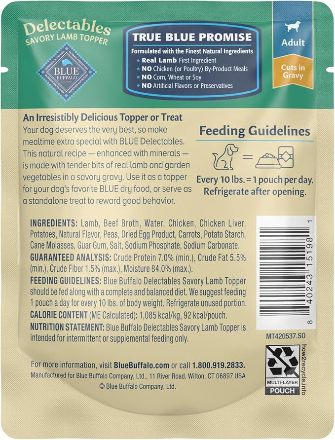 Blue Buffalo Delectables Lamb Dog Food Topper, 3 oz, 24 ct | Real Lamb with Garden Veggies in Gravy, Single-Serve Pouch, Topper or Treat