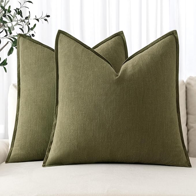 MIULEE Decorative Linen Euro Sham Pillow Covers 24x24 Inch Green | Boho Farmhouse Neutral Couch Throw Pillows for Bed, Pack of 2 Accent Modern Pillowcases, Sofa Livingroom Home Decor