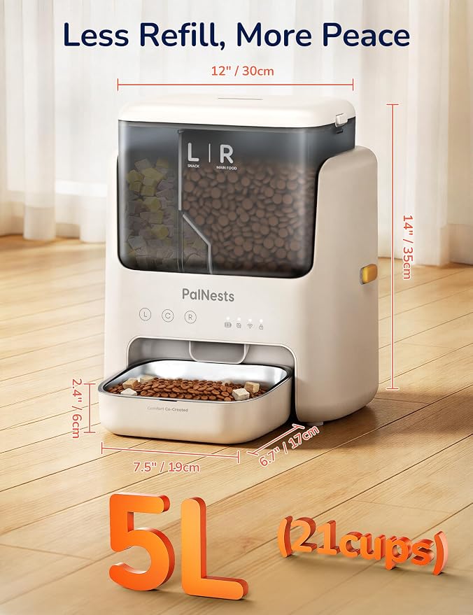 Automatic Cat Feeder 5L Dual Chamber, Timed 10 Meals WiFi | Pet Food Dispense Timed Feeding, 10 Meal Plans per Day, Smart Dry Food Dispenser with 2.4GHz/5GHz Wi-Fi Sardine Color