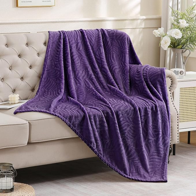 Super Soft Flannel Fleece Throw Blanket, 60 x 80 Inches, Aubergine | Lightweight Cozy Warm Leaves Textured Plush Blanket for Bed Couch Sofa