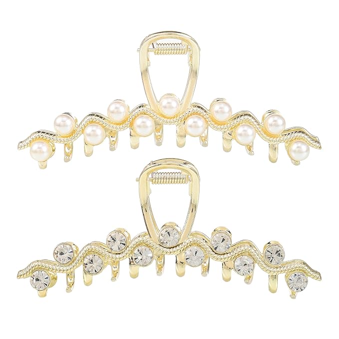 Crystal Hair Clips, Metal Imitation Pearl Hair Claw Clip for Women, Rhinestone Hair Claw Barrettes Non Slip Hair Clamp Fashion Wedding Party Accessories Elegant Jaw Clip Decorations for Lady (2 Pack)