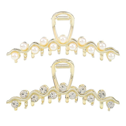 Crystal Hair Clips, Metal Imitation Pearl Hair Claw Clip for Women, Rhinestone Hair Claw Barrettes Non Slip Hair Clamp Fashion Wedding Party Accessories Elegant Jaw Clip Decorations for Lady (2 Pack)