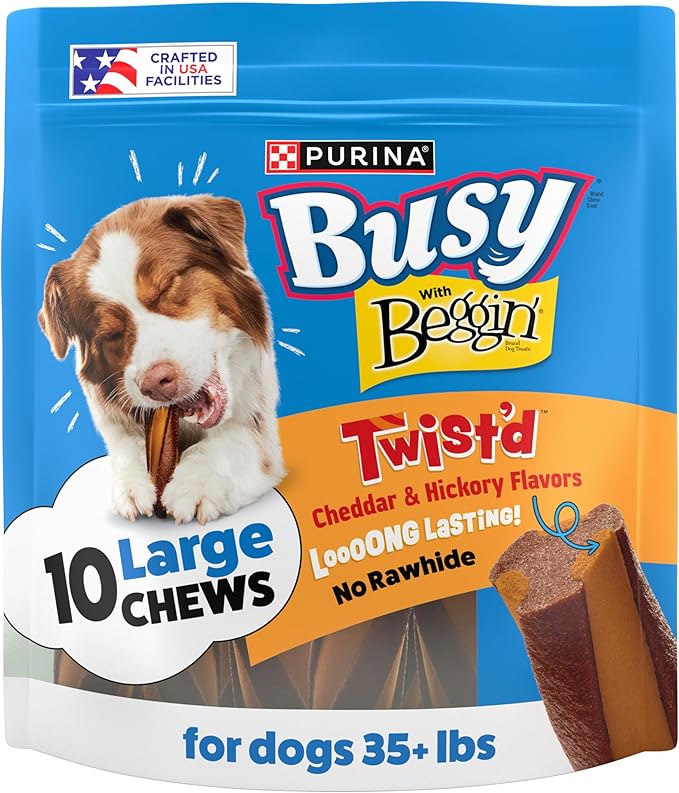 Purina Busy with Beggin Twisted Large Dog Treats, 10 ct Pouch | Cheddar & Hickory Smoke Flavor dog chew, long-lasting, rawhide free with real meat, for large dogs 35 lbs up