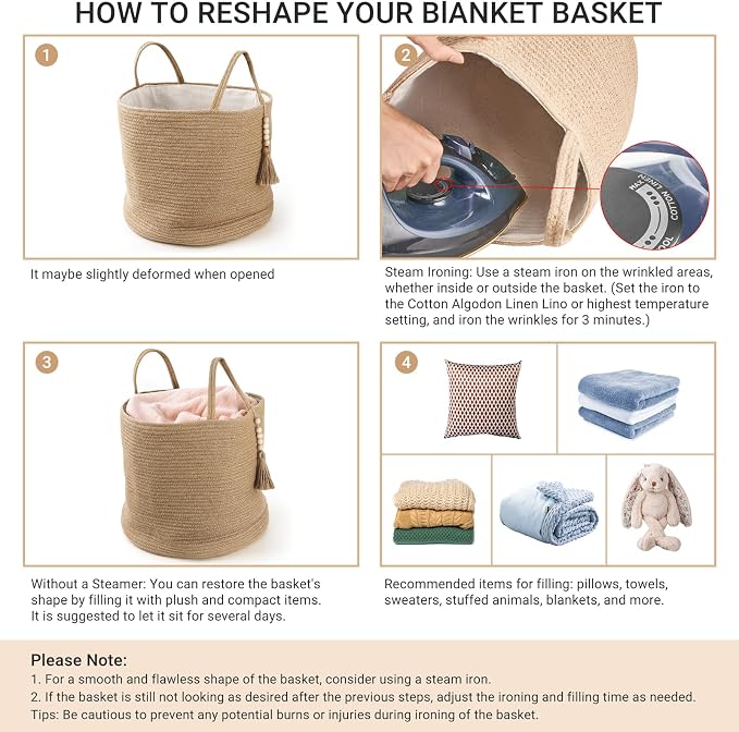 Mkono Woven Storage Basket for Blanket, Toys Plant Organizer, 16"W x 13.8"L | White and Brown, Decorative Basket with Handle, Wood Beads Tassel, Shoes Clothes Storage Bin, Living Room Bedroom Nursery