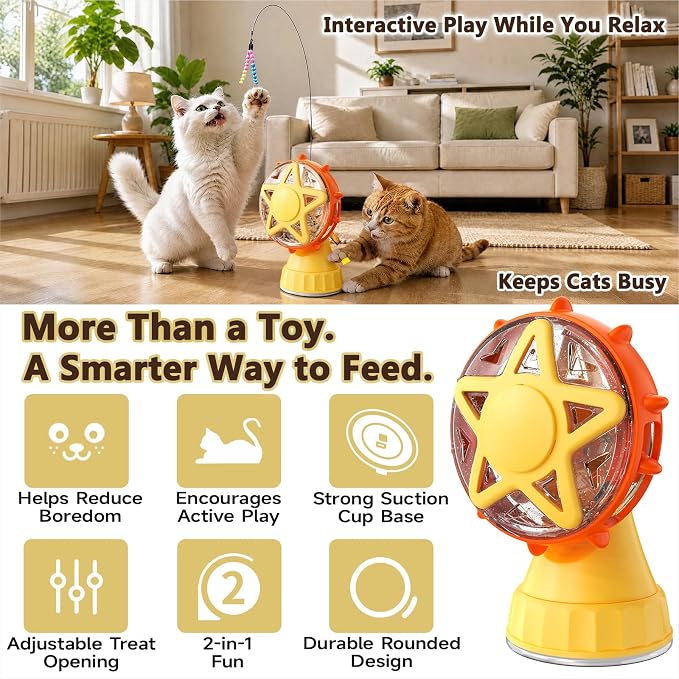 Cat Toys for Indoor Cats，Interactive Cat Toy Kitten Toys Enrichment with Adjustable Cat Food Dispenser, Slow Feeder Puzzle Removable Teaser Wand Toy for Bored Indoor Adult Cats (Orange)