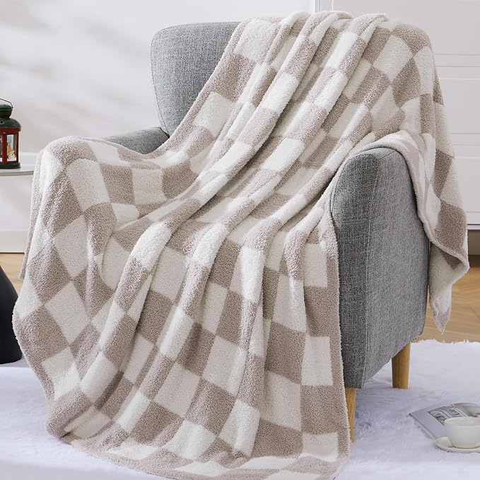 Soft Checkered Throw Blanket for Couch-Cozy Warm Knitted Blankets | Lightweight Warm Fluffy Decor for Women, Mom, Her & Girls, Sofa, Chair, Bed, 50x60in,Taupe