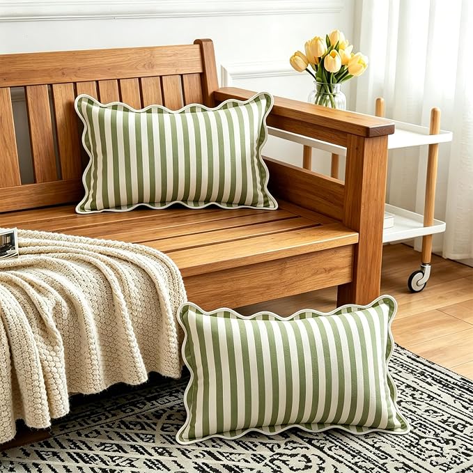 Scalloped Throw Pillow Covers | Decorative Couch Lumbar Pillows | Cute Stripe Pillow Cases | Boho Sytle for Living Room (Green & White, 12x20 Inch)