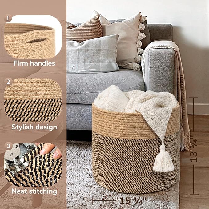 Goodpick Wicker Basket for Blankets, Baby Toy Storage Basket, 45L | 15.8 x 15.8 x 13.8 In Baby Storage Basket for Nursery, Blanket Basket for Living Room, Laundry Basket for Towels, Jute