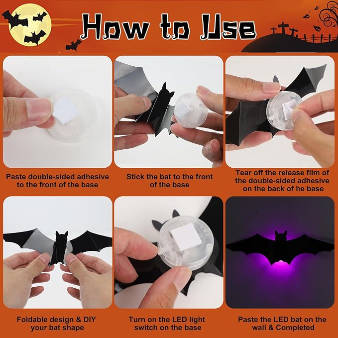 DR.DUDU 36 Pack Halloween Bats Wall Decor Halloween Decorations Indoor | Light Up Flashing Modes, Assorted Size, 3D Bat Stickers, for Bedroom Party Walls Bathroom Mirrors Garages Door
