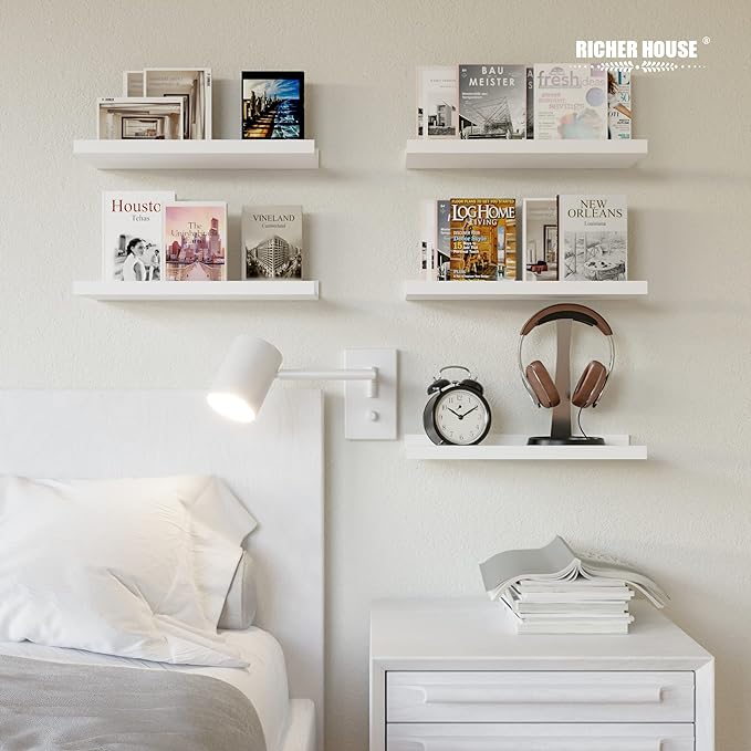 RICHER HOUSE 5-Set Floating Shelves with Lip, White Wall Mounted Wood Shelf | Display Picture Ledge Shelf, Anti-drop lip Shelf for Room Wall Decor, Bedroom Bathroom Storage Nursery Books, Easy Setup 16in