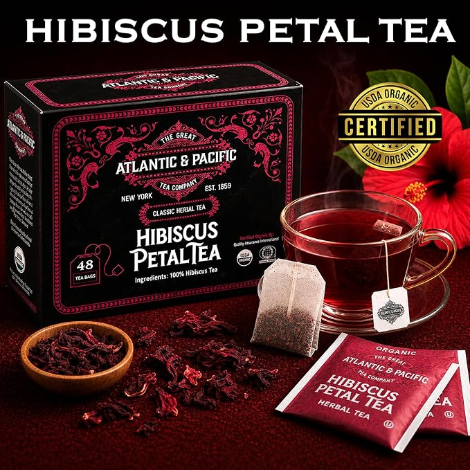 A&P Coffee Organic Hibiscus Tea Bags, 48 Count, Hibiscus Petal Herbal Tea, Naturally Caffeine Free, Rich in Vitamin C, Tart Cranberry Flavor, Hot or Iced Tea, Premium Herbal Infusion, Fresh Aroma