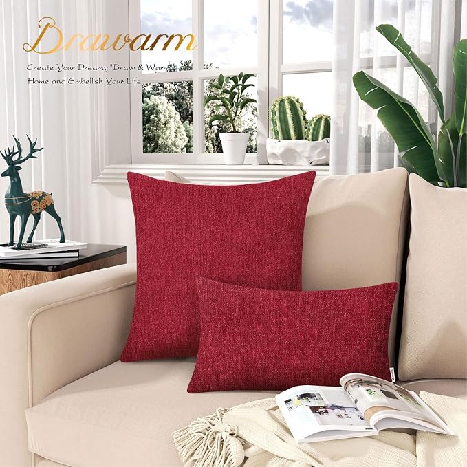 BRAWARM Throw Pillow Covers 16x16 Inches - Red Chenille Pillow Covers Pack of 2, Solid Dyed Soft Chenille Pillow Cases for Couch Sofa Bed Home Decoration