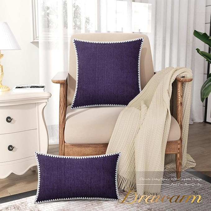 BRAWARM Chenille Throw Pillow Covers 18x18 Inches, Purple, 2 Pack | Decorative Pillow Covers with Shell Edge, Soft Cushion Cases for Sofa Bed Living Room Home Farmhouse (No Insert)