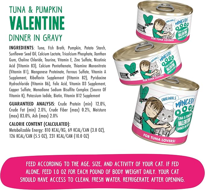 Weruva BFF Minced Natural Wet Cat Food, Tuna and Pumpkin Valentine in Gravy, 3oz Can, Pack of 24