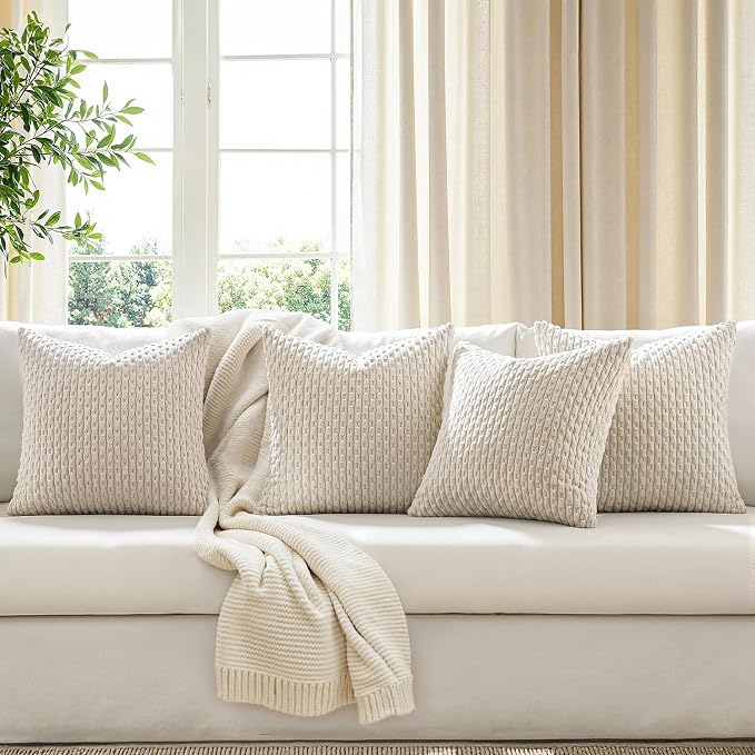 MIULEE Beige Decorative Throw Pillow Covers for Couch Living Room 18x18 Inch Soft Pillow Cases Set of 4 Boho Striped Corduroy Farmhouse Cushion Covers Home Decor for Sofa Bed