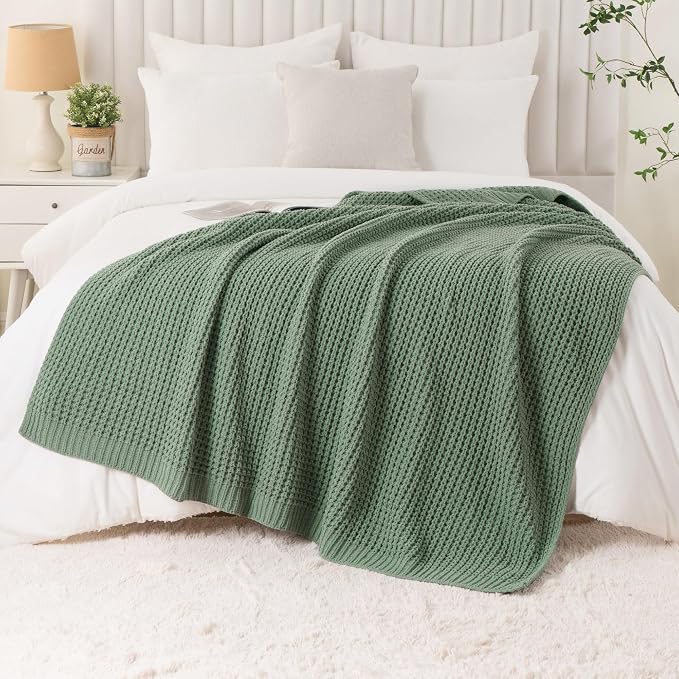 Sage Green Waffle Knit Throw Blanket for Couch, Chenille Blanket 50x60 in | Chunky Knitted Blanket, Soft Green Throw Blanket for Home Decor, Sofa, Spring, Modern Farmhouse Blanket Throw