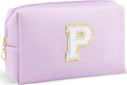 URSKYTOUS Gifts for Girls Initial Makeup Bag Personalized Cosmetic Bag with Zipper Cute Travel Toiletry Bag Waterproof PU Preppy Makeup Pouch Birthday Gift for Teen Girls Women(Purple P)