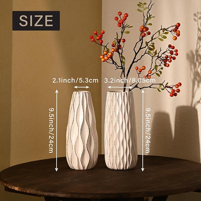 VICTOR & TERESA Ceramic Vase for Flowers, 10'' Set of 2 Decorative White Vases for Home Decor, Farmhouse Vases for Pampas Grass, Table, Mantel, Living Room, Shelf, Centerpieces, Gifts for Mom