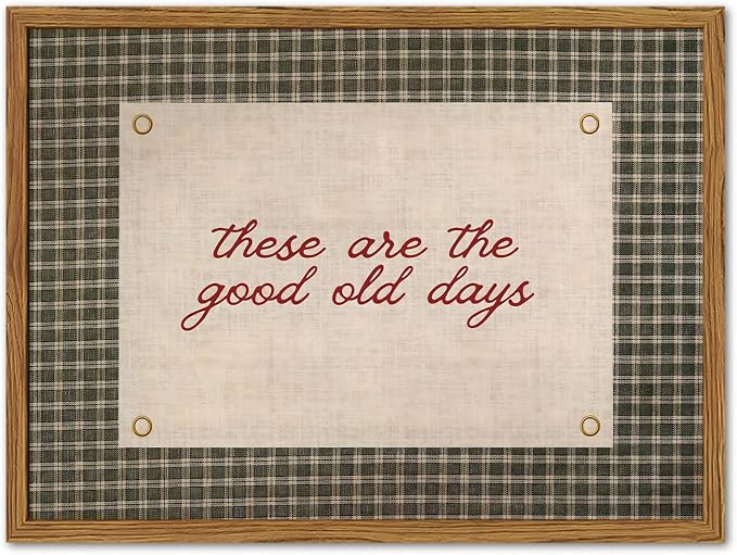 Framed These Are The Good Old Days Wall Art, Vintage Family Inspirational Quote Pictures Wall Decor, Retro Green Gingham Paintings Prints Motivational Home Decor for Living Room Bedroom 16x24 inch