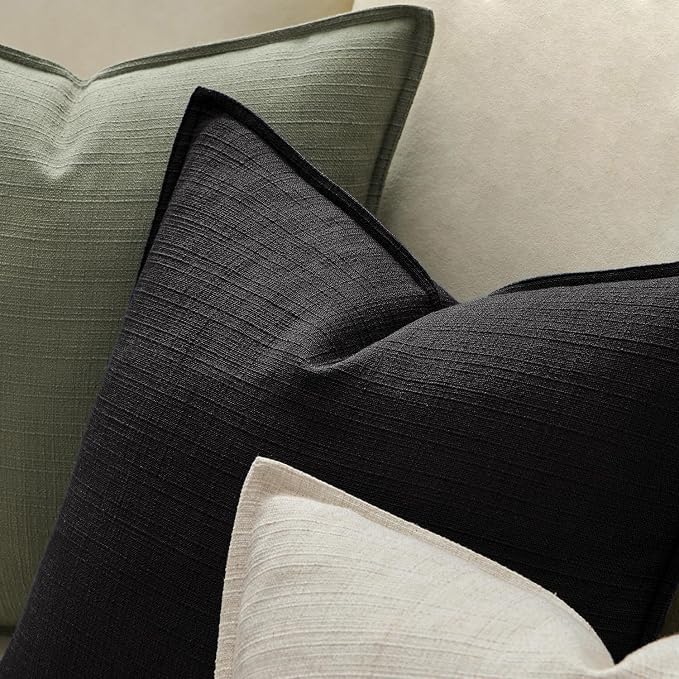 MIULEE Thick Textured Decorative Throw Pillow Covers 22x22 Inch Black | Set of 2, Linen Blend Pillow Cover, Flange Edge Design, Farmhouse Modern Boho Style, Bed Couch Living Room Decor