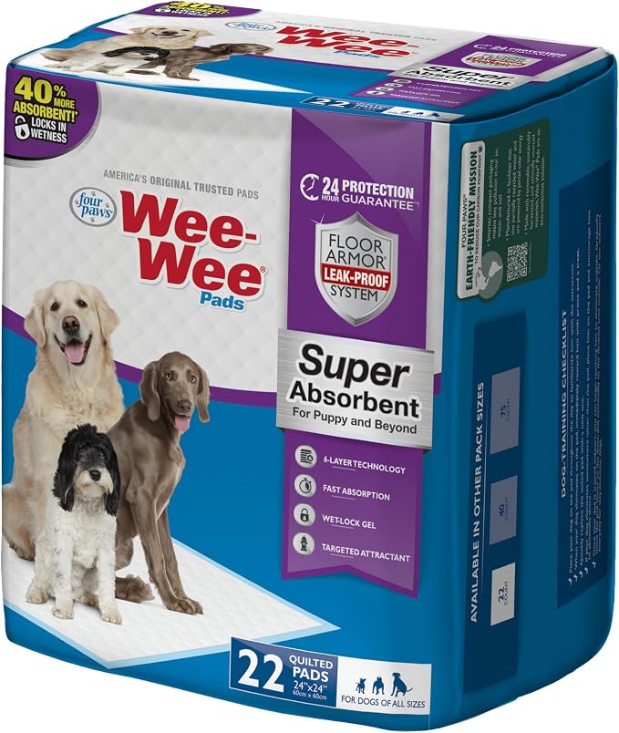 Four Paws Wee-Wee Super Absorbent Pads for Dogs, 22 Count | Leak-proof puppy pads, locks in wetness, dog housebreaking & potty training, all day floor protection, 24" x 24"