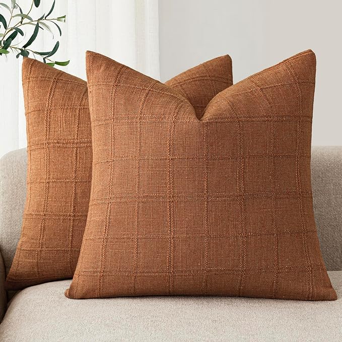 Foindtower Set of 2 Decorative Linen Check Throw Pillow Covers Neutral Farmhouse Vintage Cushion Covers Modern Boho Home Decor for Sofa Chair Couch Bedroom Living Room,22×22 Inch,Orange