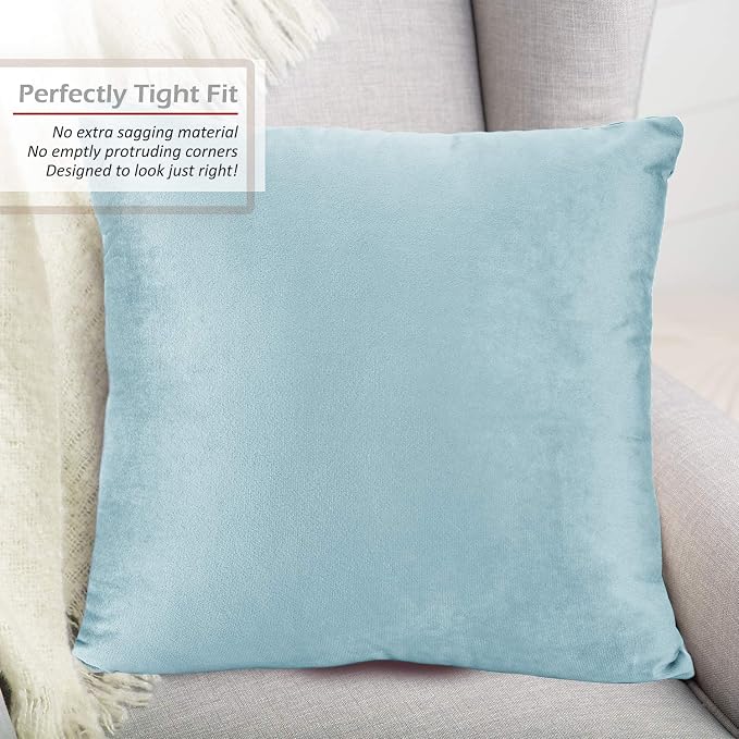 Throw Pillow Inserts Pack of 2 with Velvet Soft Solid Decorative Square Throw Pillow Covers Set for Sofa Couch Car Bedroom, 20X20 Throw Pillows Inserts with 18x18 Washable Cushion Covers, Aqua Blue