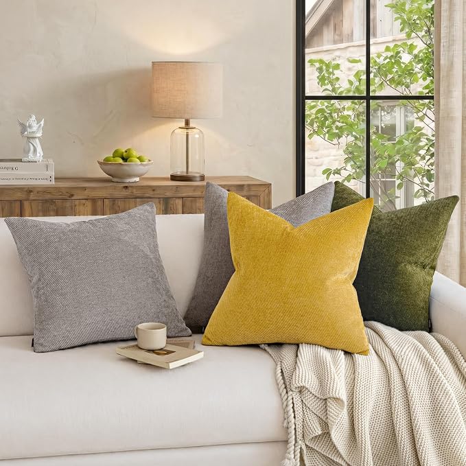 Fall Decorative Throw Pillow Covers Pack of 2,20x12 Inch Mustard Yellow | Twill Chenille Cushion Covers for Sofa Living Room Couch Bed