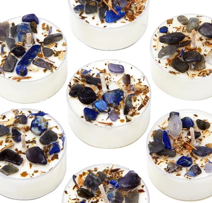 Third Eye Chakra Candle by New Moon Beginnings - Chakra Candles - Dried Flower, Herb, & Crystal Candles - Aromatherapy Candles - Soy Candle - Set of 6 Tealights