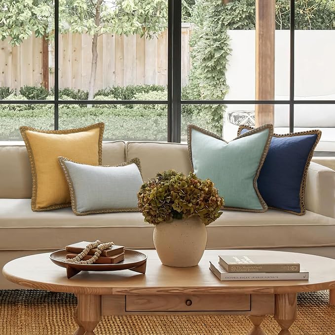 Phantoscope Pack of 2 Farmhouse Decorative Throw Decorative Pillow Cover Burlap Linen Trimmed Tailored Edges, Mustard Yellow, 12 x 20 inches, 30 x 50 cm