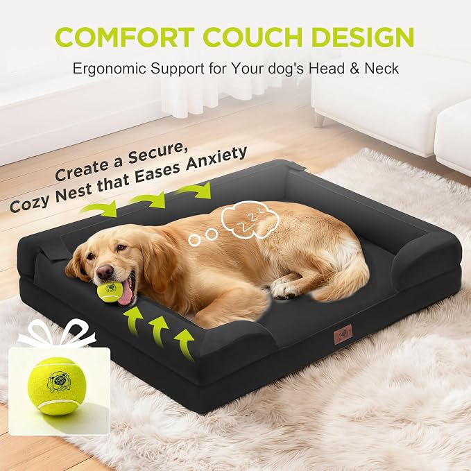 Waterproof Orthopedic Dog Bed for Extra Large Sized Dogs | Memory Foam Pet Bed Sofa with Bolster, Dog Couch with Washable Cover & Non-Slip Bottom, 45x35 Inch, Black