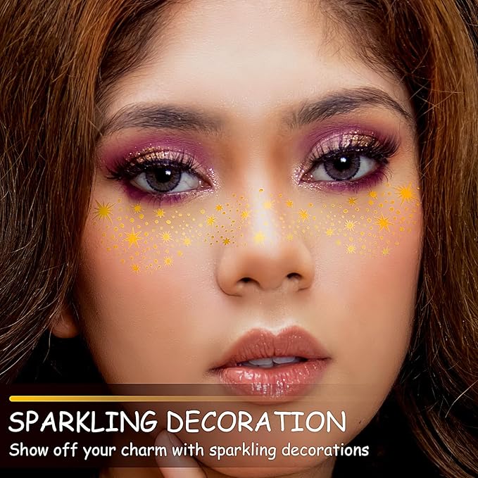 Glitter Freckles Face Tattoo, 6 Sheets Gold Face Makeup Patches, Glitter Freckles, Sparkle Makeup Patches, Sweatproof Waterproof Sparkle Freckles, Fake Freckles for Women